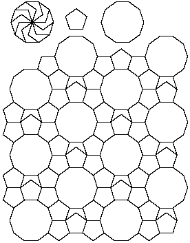 A whole pentagon, a whole decagon, a decagon divided into ten pieces, and a tiling of the pieces