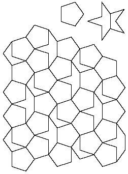 A whole pentagon, a five-point star divided into two pieces, and a tiling of the pieces