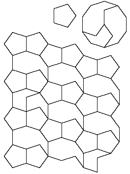 A whole pentagon, a decagon divided into three pieces, and a tiling of the pieces