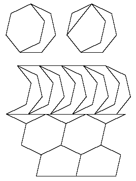 Two heptagons divided into two and three pieces, and a tiling of the pieces