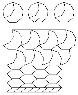 Three nonagons divided into two, three, and three pieces respectively, and a tiling of the pieces