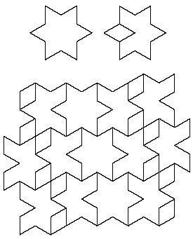Two six-point stars, one whole, and one divided into two pieces, and a tiling of the pieces