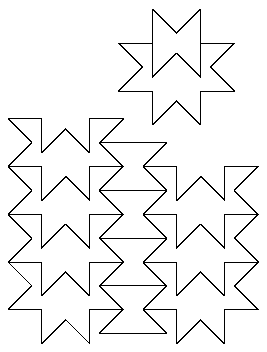 An 8/3 star divided into two pieces, and a tiling of the pieces