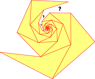 The developing map of a quadrilateral, resembling a spiral tiling by similar copies of the quadrilateral but with a spiral-shaped crack into which more copies do not fit