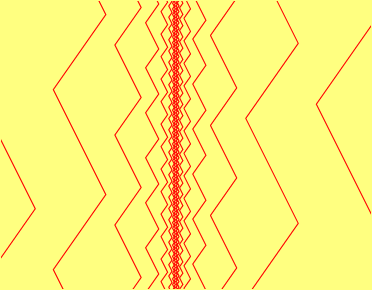 Tiling of the plane by similar vertical strips with zigzag boundaries, converging to a vertical line near the center of the image
