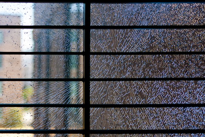 Broken window, Donald Bren Hall, University of California, Irvine