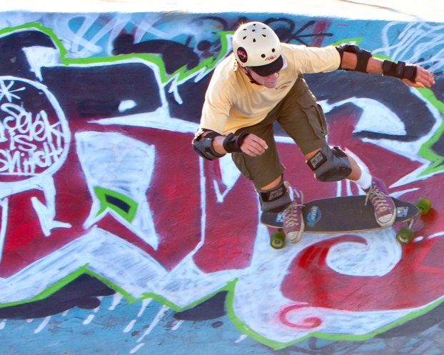 Older skater in the Greer Park Skateboard Bowl, Palo Alto