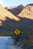 Curves ahead sign at Indian Cove, Joshua Tree National Park, California
