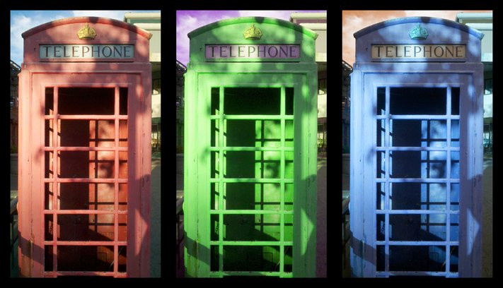 Red, green and blue telephone booths
