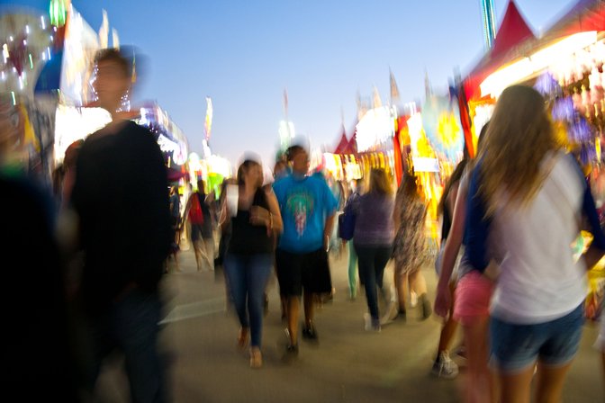 Blurred view of the midway at the Orange County Fair, Costa Mesa, California