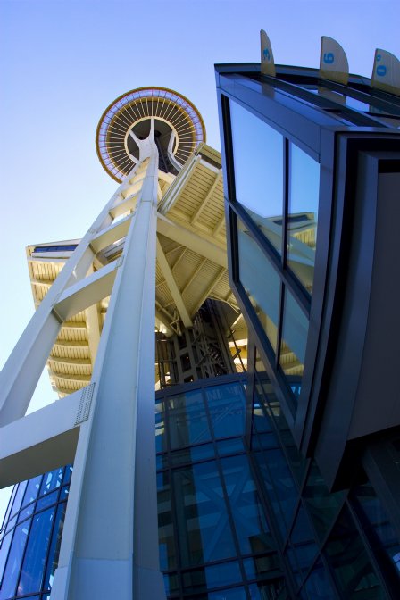 Wide shot of the Space Needle from below