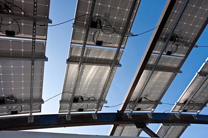 Solar panels on the West Virginia / Tor Vergata entry in the 2015 Solar Decathlon, Irvine, California