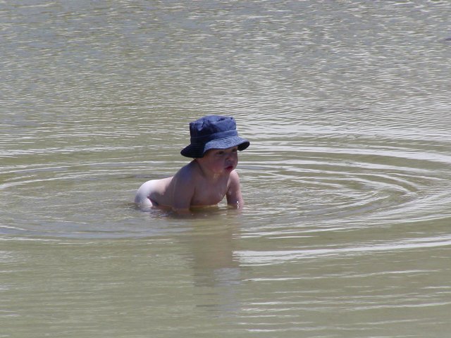 Timothy wades in the lagoon