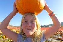 Sara with a pumpkin at Tanaka Farms