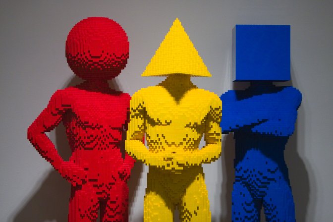 Circle, Triangle, Square. Three Lego figures from the exhibit Nathan Sawaya: The Art of the Brick, Turtle Bay Exploration Park, Redding