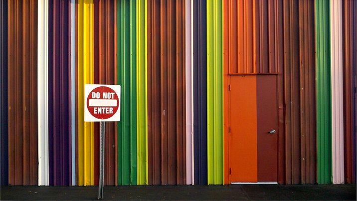 Striped corrugated-steel wall at The Lab, Costa Mesa, California