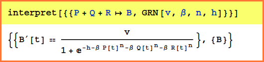 interpret[{{P + Q + R \[RightTeeArrow] B, GRN[v, \[Beta], n, h]}}]