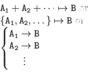 \begin{displaymath}
\begin{array}{l}
{\tt A_1 + A_2 + \cdots \mapsto B }\text{ o...
...o B}\\
{\tt A_2\to B} \vdots
\end{matrix}\right.
\end{array}\end{displaymath}
