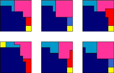 Six dissections of an 11x11 square into 2x2, 6x6, and 9x9 squares