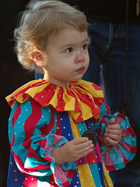 Margot as a clown, with oreo