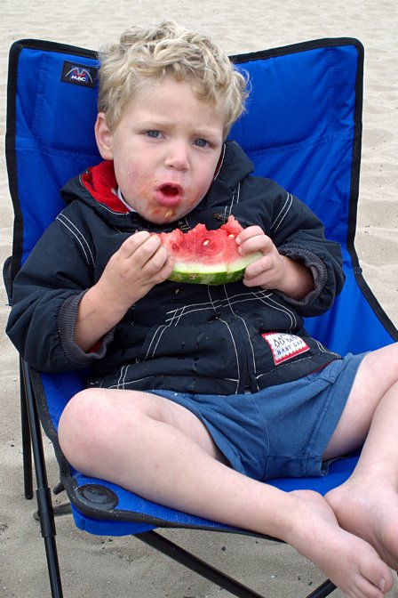 Timothy eats watermelon