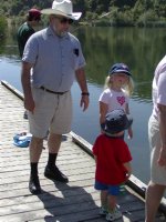 Grampa Richard and kids on the Boronda Lake dock