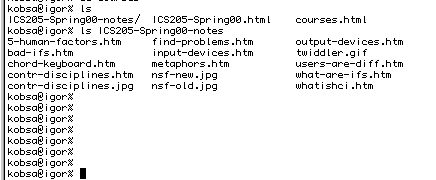 The picture shows a unix interface with the commands cd and ls and a couple of file names as output