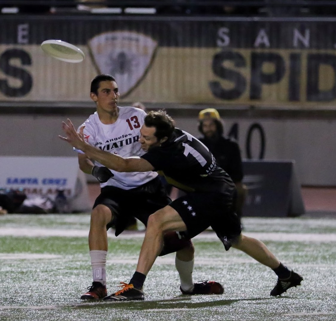 Kyle throwing a forehand for a score against  the San Jose Spiders.  PC: Meg Hofner