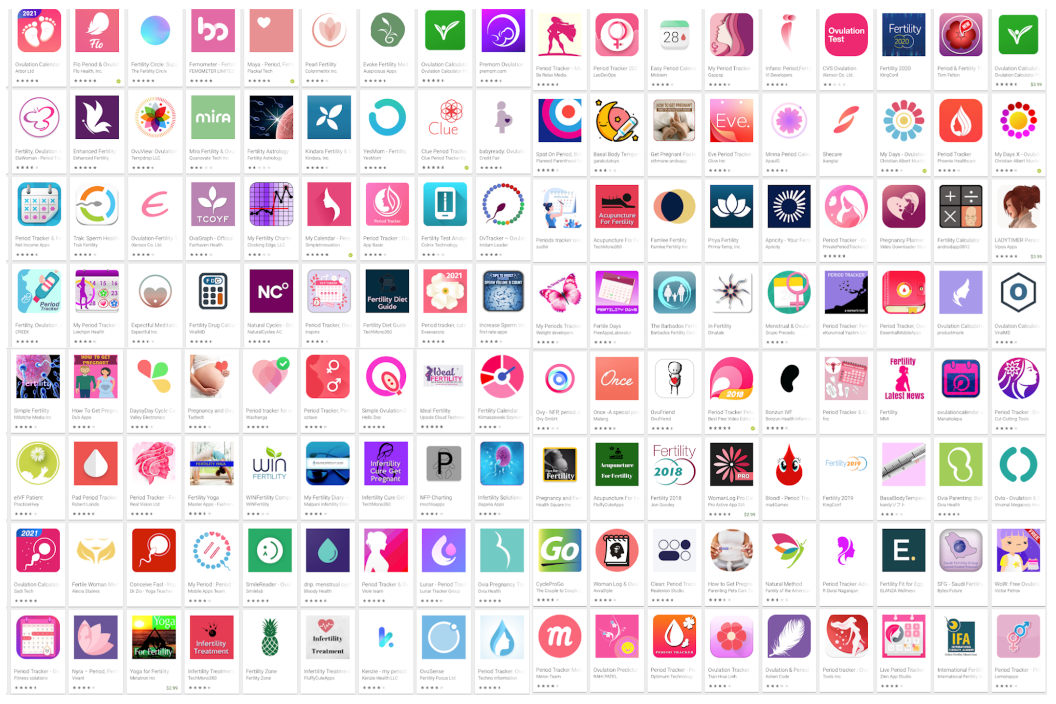 icons of many fertility apps from the google play store